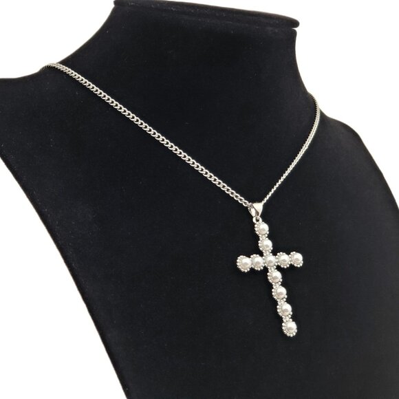 Solid Sterling Silver Womens Pearl Cross Pendant Necklace New Christian Jewelry - Picture 4 of 7